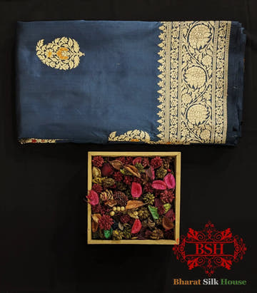 Pure Banrasi Handloom Katan Silk Meenakari Antique Zari Saree In Shades Of Blue - Bharat Silk House Pure Kataan Silk