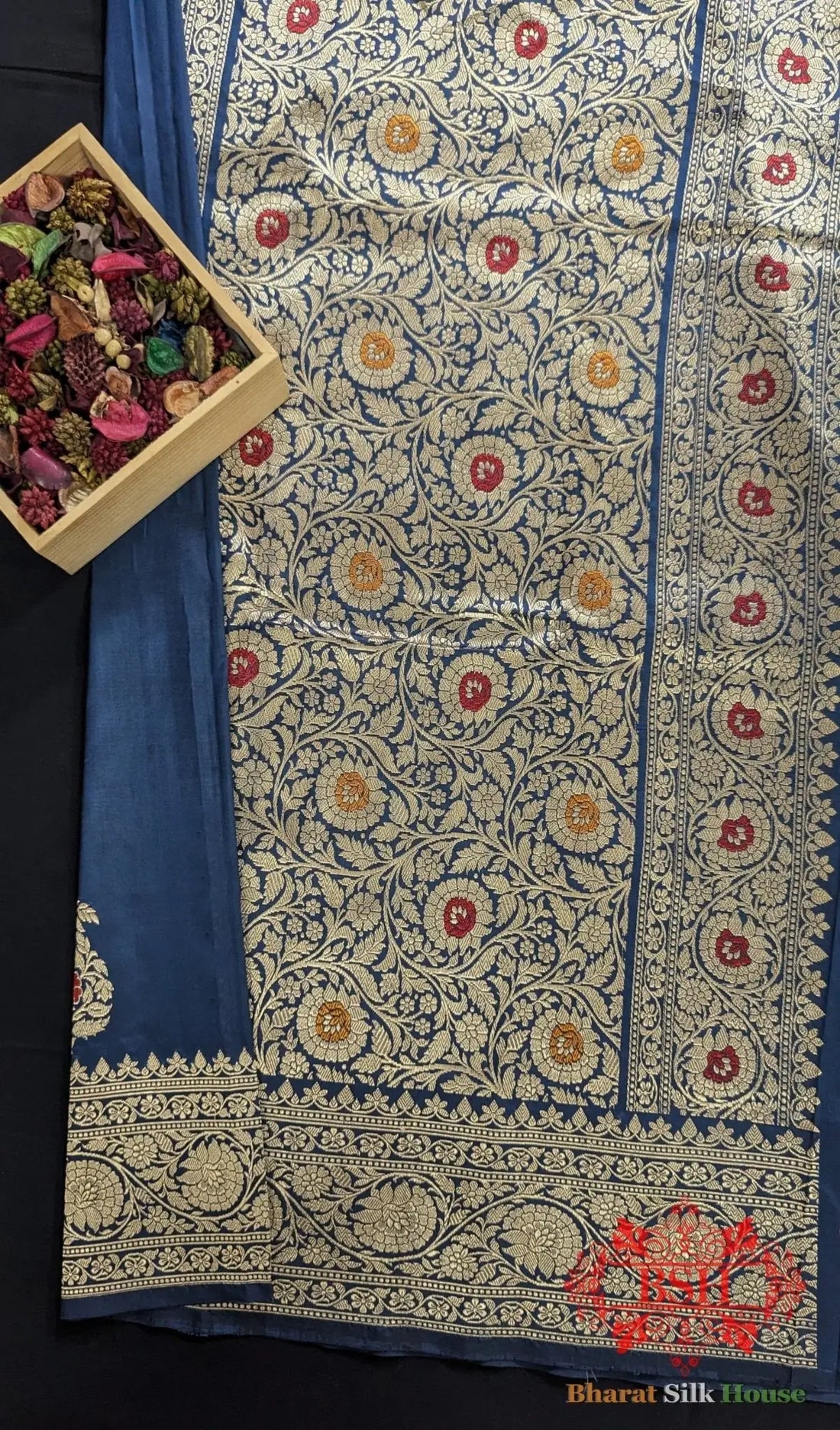 Pure Banrasi Handloom Katan Silk Meenakari Antique Zari Saree In Shades Of Blue - Bharat Silk House Pure Kataan Silk