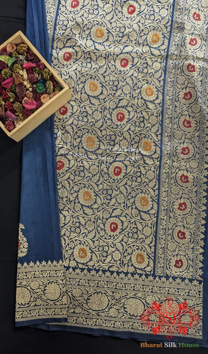 Pure Banrasi Handloom Katan Silk Meenakari Antique Zari Saree In Shades Of Blue - Bharat Silk House Pure Kataan Silk