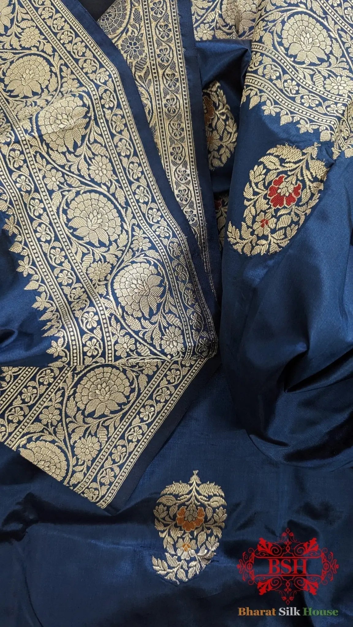 Pure Banrasi Handloom Katan Silk Meenakari Antique Zari Saree In Shades Of Blue - Bharat Silk House Pure Kataan Silk