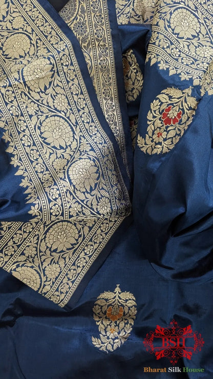 Pure Banrasi Handloom Katan Silk Meenakari Antique Zari Saree In Shades Of Blue - Bharat Silk House Pure Kataan Silk