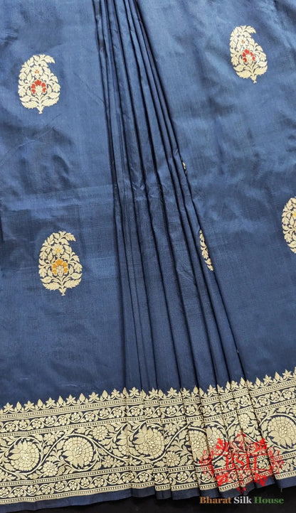 Pure Banrasi Handloom Katan Silk Meenakari Antique Zari Saree In Shades Of Blue - Bharat Silk House Pure Kataan Silk