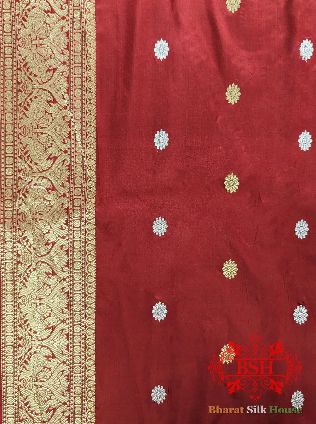 Pure Banrasi Handloom Katan Silk Meenakari Antique Zari Saree In Shades Of Green/ Red - Bharat Silk House Pure Kataan Silk