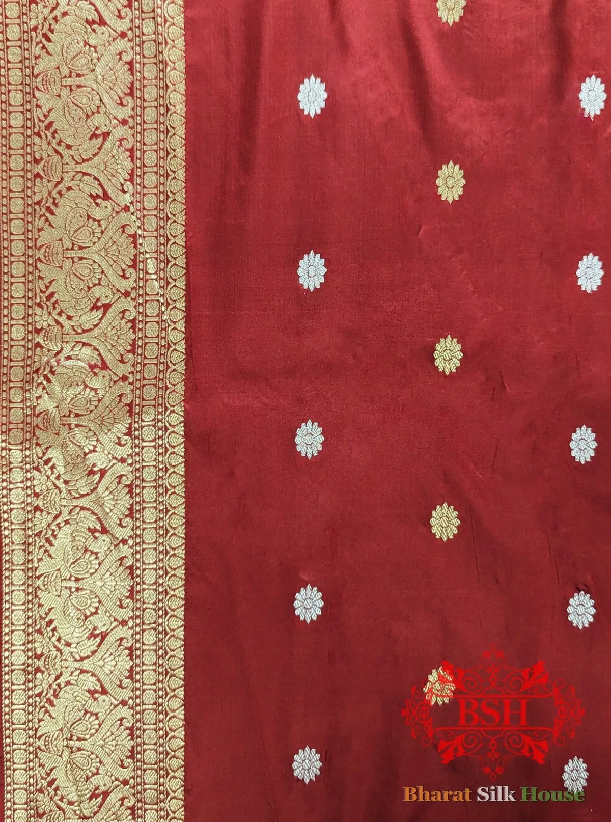 Pure Banrasi Handloom Katan Silk Meenakari Antique Zari Saree In Shades Of Green/ Red - Bharat Silk House Pure Kataan Silk