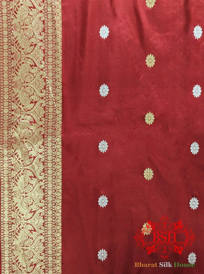 Pure Banrasi Handloom Katan Silk Meenakari Antique Zari Saree In Shades Of Green/ Red - Bharat Silk House Pure Kataan Silk