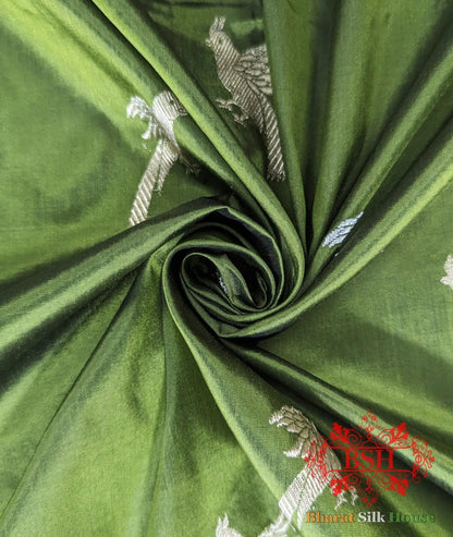Pure Banrasi Handloom Katan Silk Meenakari Antique Zari Saree In Shades Of Green/ Red - Bharat Silk House Pure Kataan Silk
