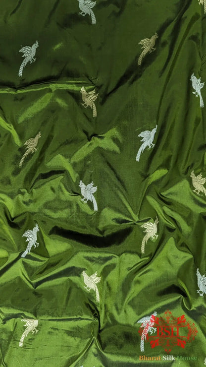 Pure Banrasi Handloom Katan Silk Meenakari Antique Zari Saree In Shades Of Green/ Red - Bharat Silk House Pure Kataan Silk