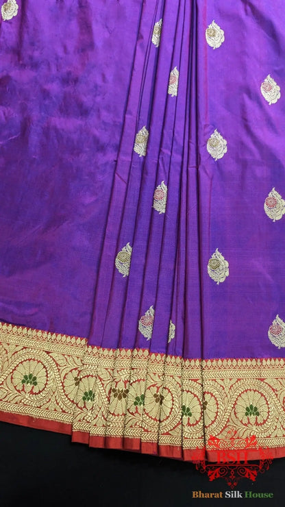 Pure Banrasi Handloom Katan Silk Meenakari Antique Zari Saree In Shades Of Violet - Bharat Silk House Pure Kataan Silk