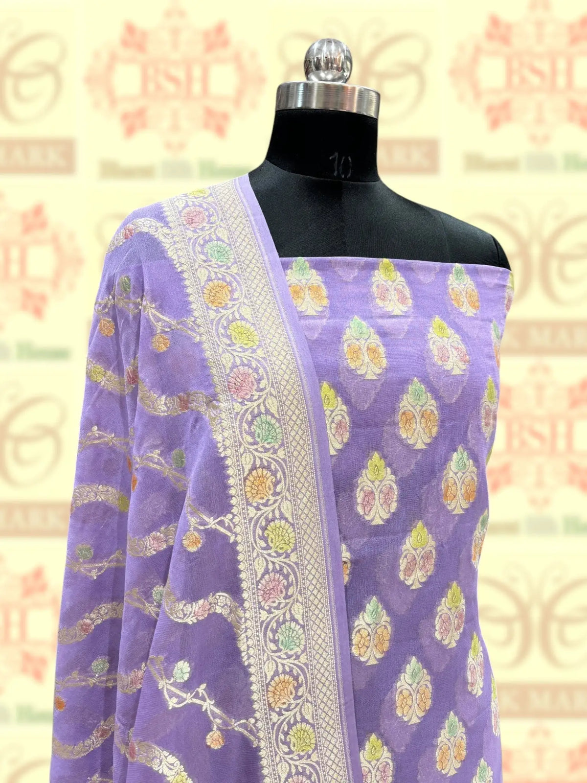 Pure Chiffon Rangkaat Brush Dyed Silk Suit Piece In Shade Of Lavender - Bharat Silk House Chiffon Suit