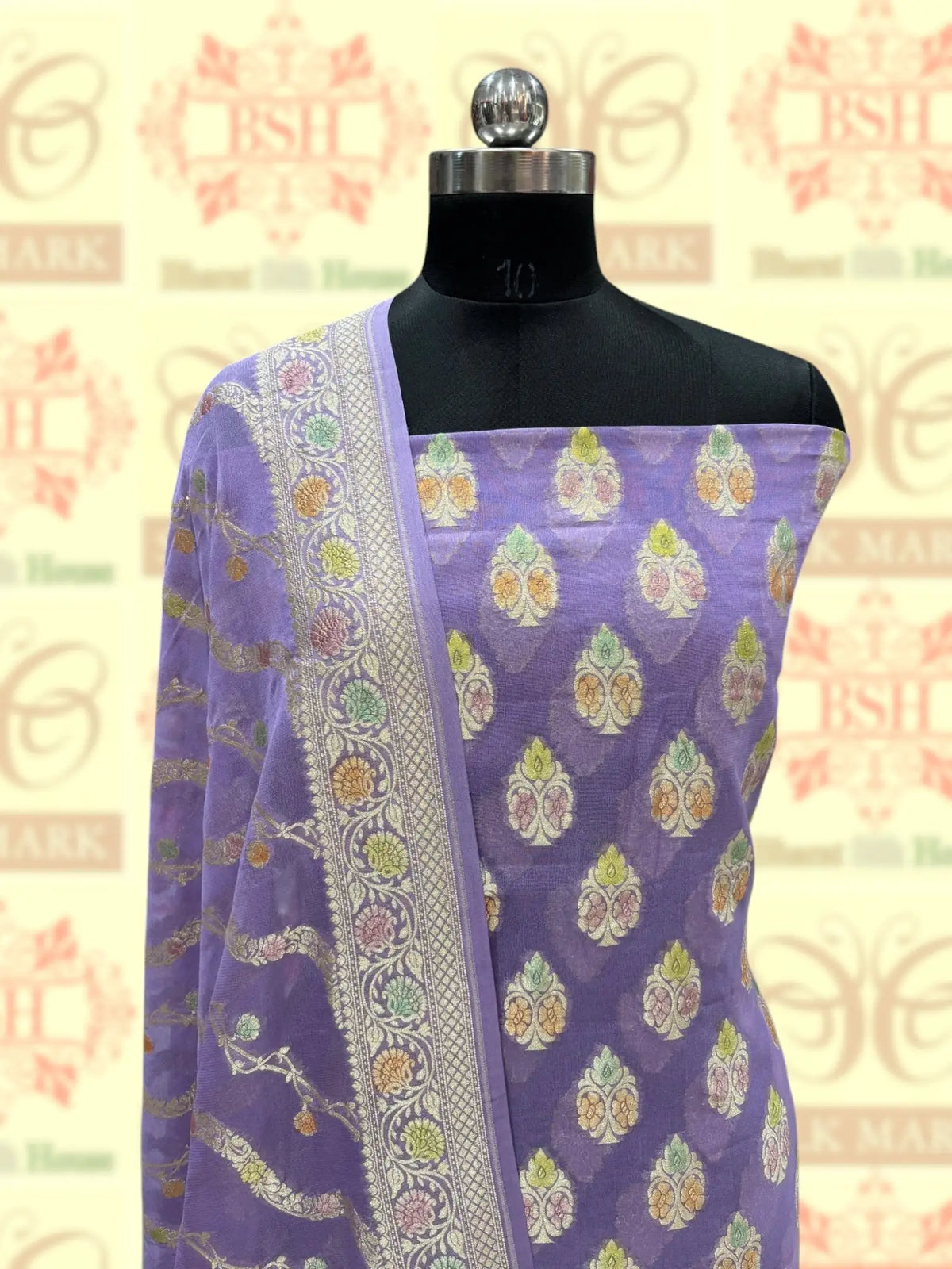Pure Chiffon Rangkaat Brush Dyed Silk Suit Piece In Shade Of Lavender - Bharat Silk House Chiffon Suit