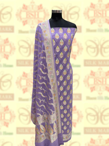 Pure Chiffon Rangkaat Brush Dyed Silk Suit Piece In Shade Of Lavender - Bharat Silk House Chiffon Suit