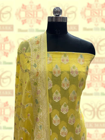 Pure Chiffon Rangkaat Brush Dyed Silk Suit Piece In Shade Of Yellow - Bharat Silk House Chiffon Suit