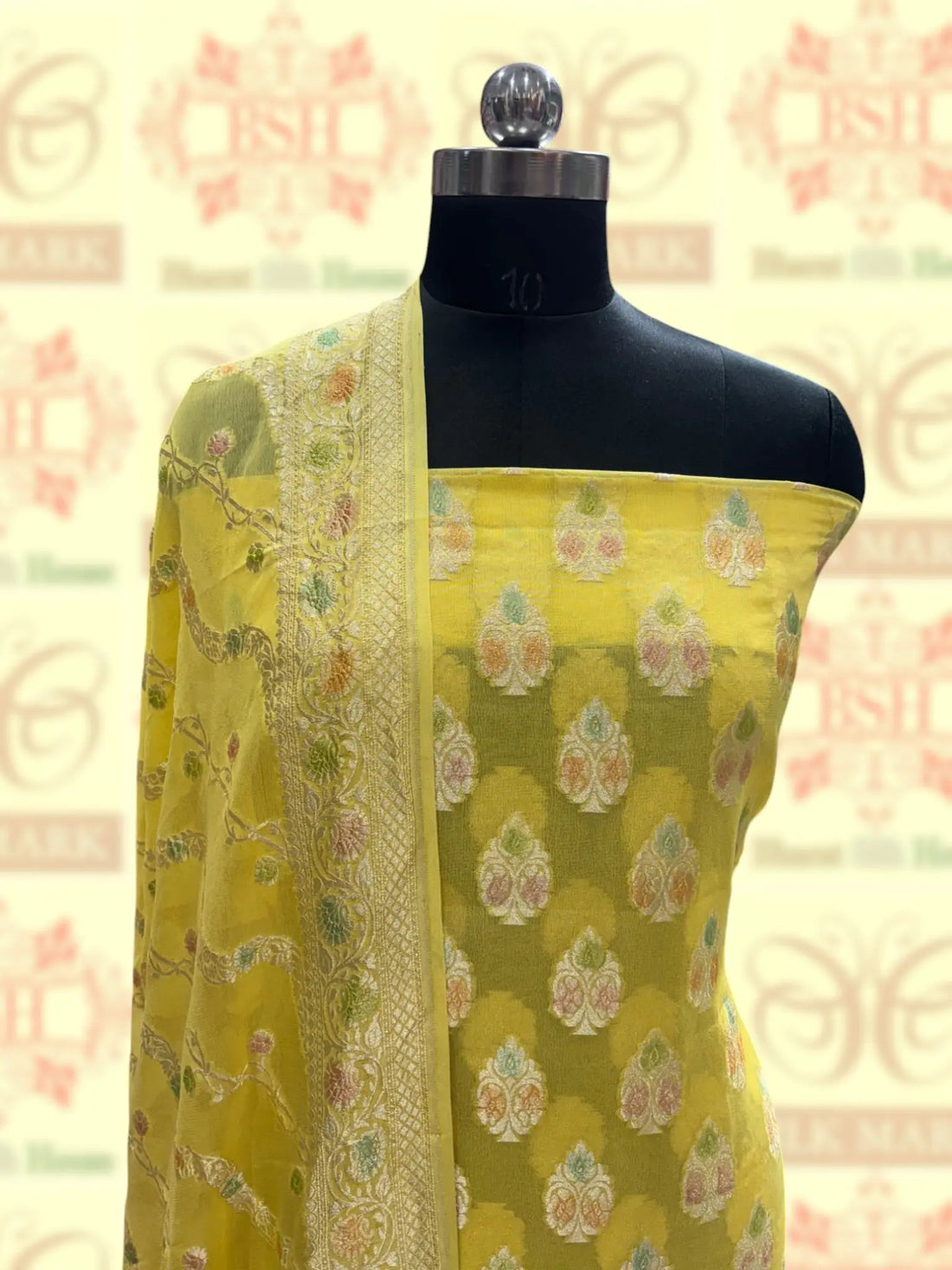 Pure Chiffon Rangkaat Brush Dyed Silk Suit Piece In Shade Of Yellow - Bharat Silk House Chiffon Suit