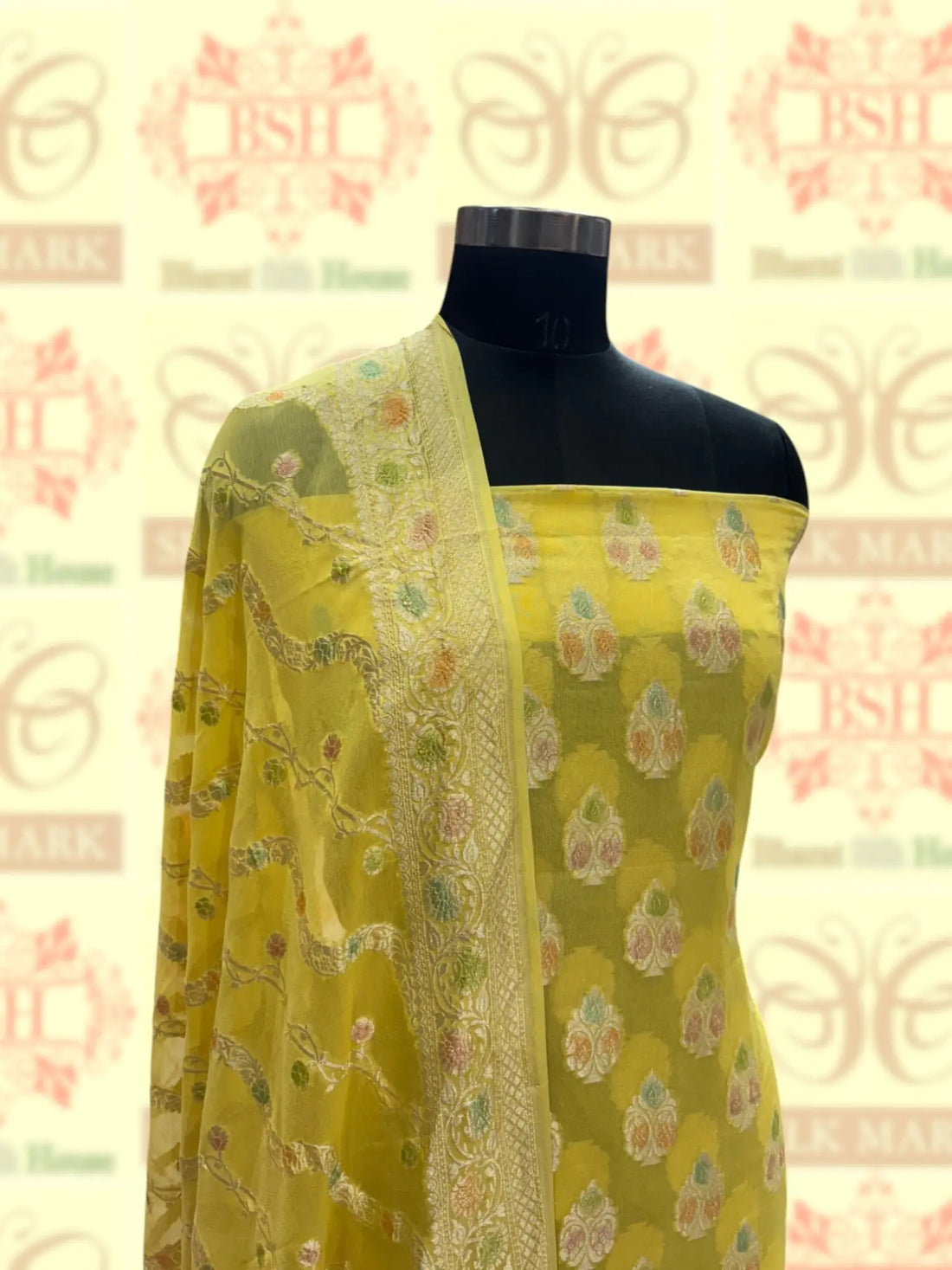Pure Chiffon Rangkaat Brush Dyed Silk Suit Piece In Shade Of Yellow - Bharat Silk House Chiffon Suit