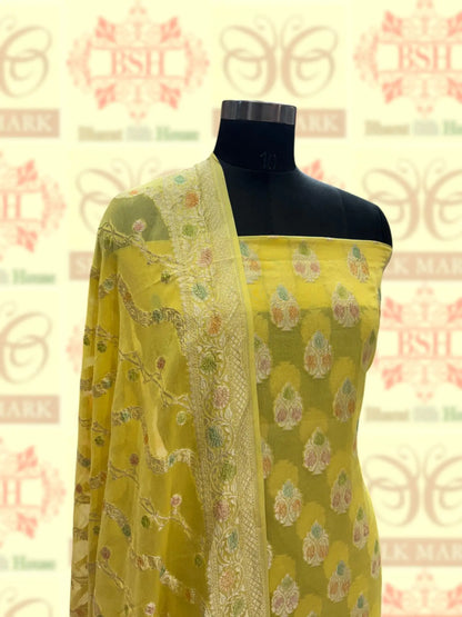 Pure Chiffon Rangkaat Brush Dyed Silk Suit Piece In Shade Of Yellow - Bharat Silk House Chiffon Suit