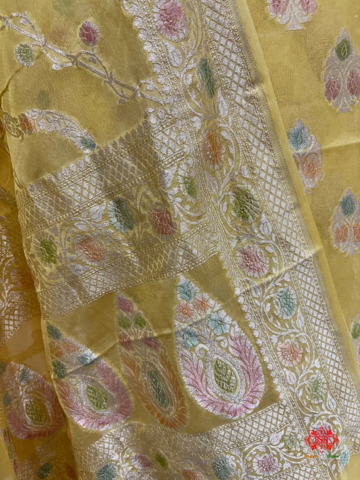 Pure Chiffon Rangkaat Brush Dyed Silk Suit Piece In Shade Of Yellow - Bharat Silk House Chiffon Suit