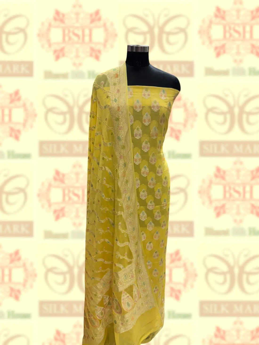 Pure Chiffon Rangkaat Brush Dyed Silk Suit Piece In Shade Of Yellow - Bharat Silk House Chiffon Suit