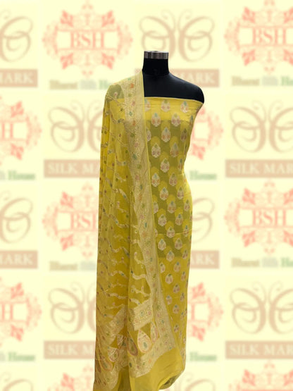 Pure Chiffon Rangkaat Brush Dyed Silk Suit Piece In Shade Of Yellow - Bharat Silk House Chiffon Suit