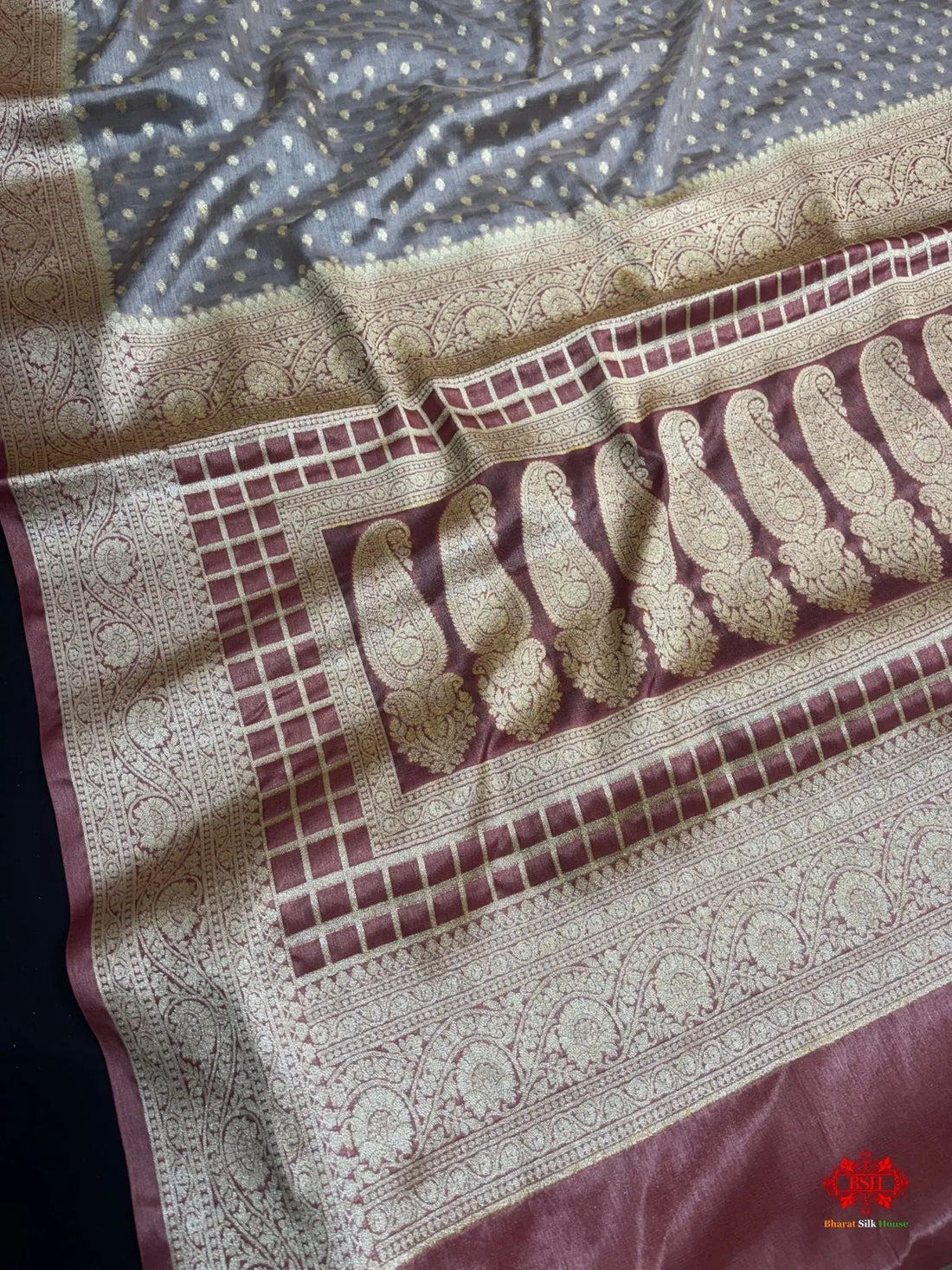 Pure Chiffon Silk All Over Booti Saree With Brown Border - Bharat Silk House Tussar