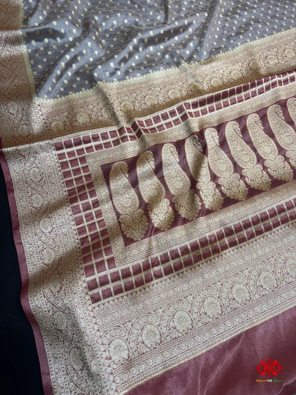 Pure Chiffon Silk All Over Booti Saree With Brown Border - Bharat Silk House Tussar
