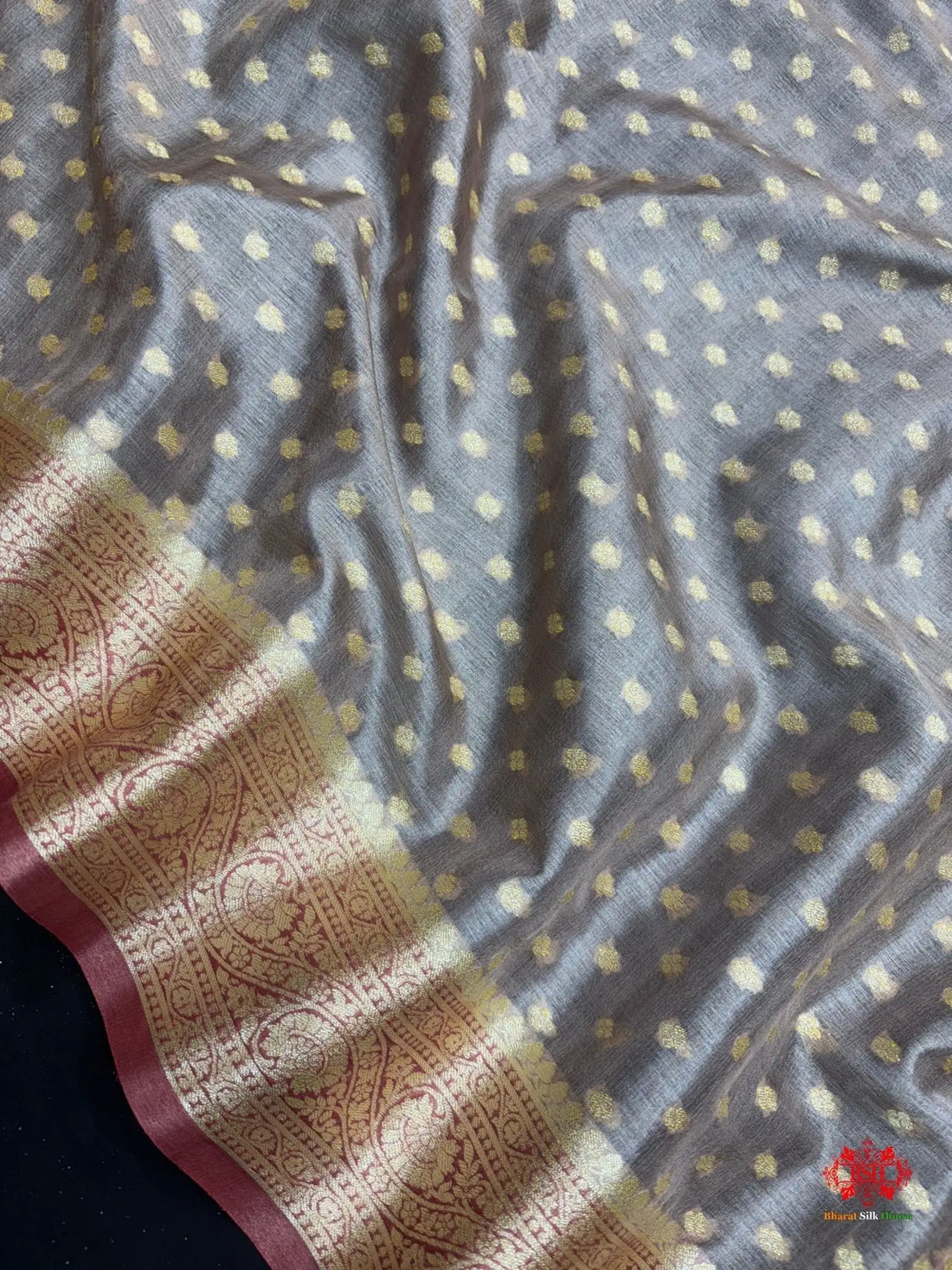 Pure Chiffon Silk All Over Booti Saree With Brown Border - Bharat Silk House Tussar