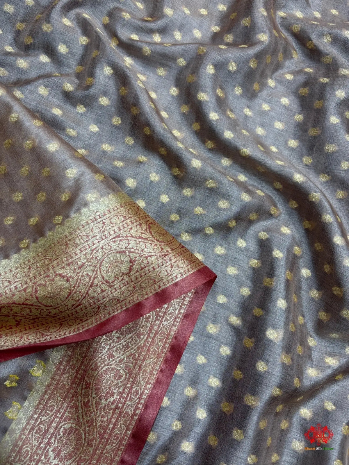Pure Chiffon Silk All Over Booti Saree With Brown Border - Bharat Silk House Tussar