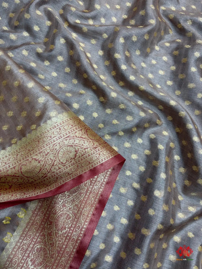 Pure Chiffon Silk All Over Booti Saree With Brown Border - Bharat Silk House Tussar