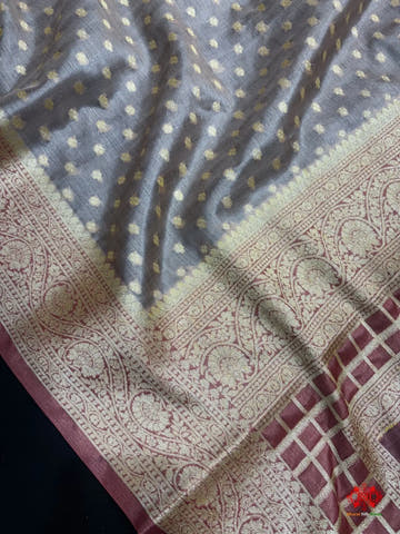 Pure Chiffon Silk All Over Booti Saree With Brown Border - Bharat Silk House Tussar