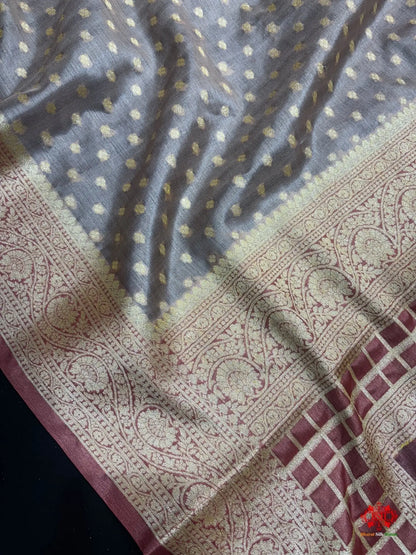 Pure Chiffon Silk All Over Booti Saree With Brown Border - Bharat Silk House Tussar