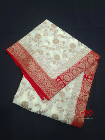 Pure Chiffon White With Red Border Saree - Bharat Silk House Chiffon Sarees