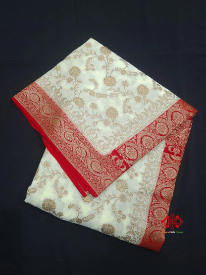 Pure Chiffon White With Red Border Saree - Bharat Silk House Chiffon Sarees