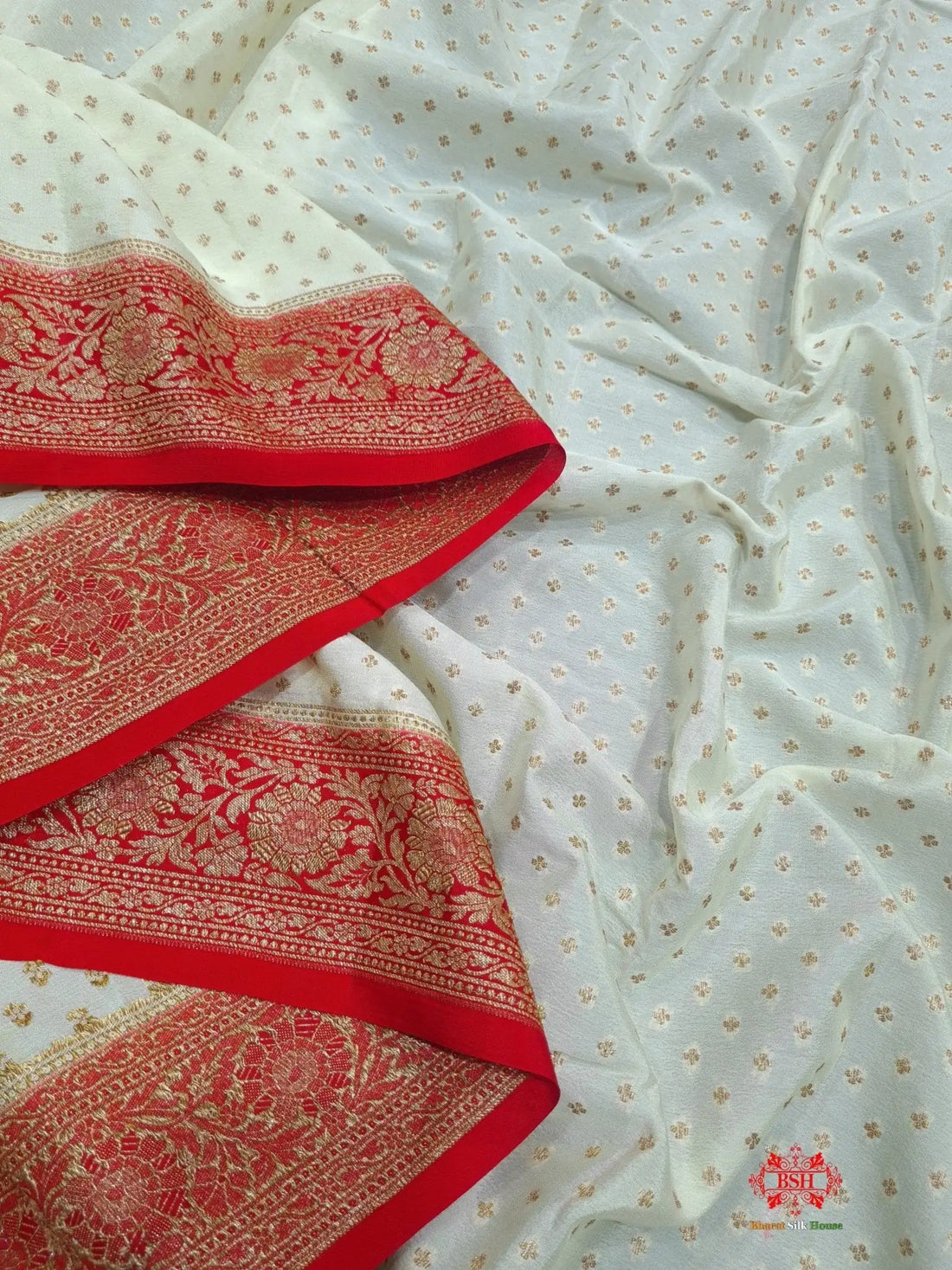 Pure Crepe White With Red Border Saree - Bharat Silk House Chiffon Sarees