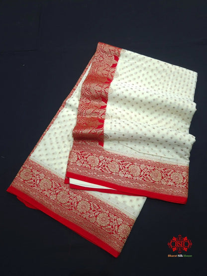 Pure Crepe White With Red Border Saree - Bharat Silk House Chiffon Sarees