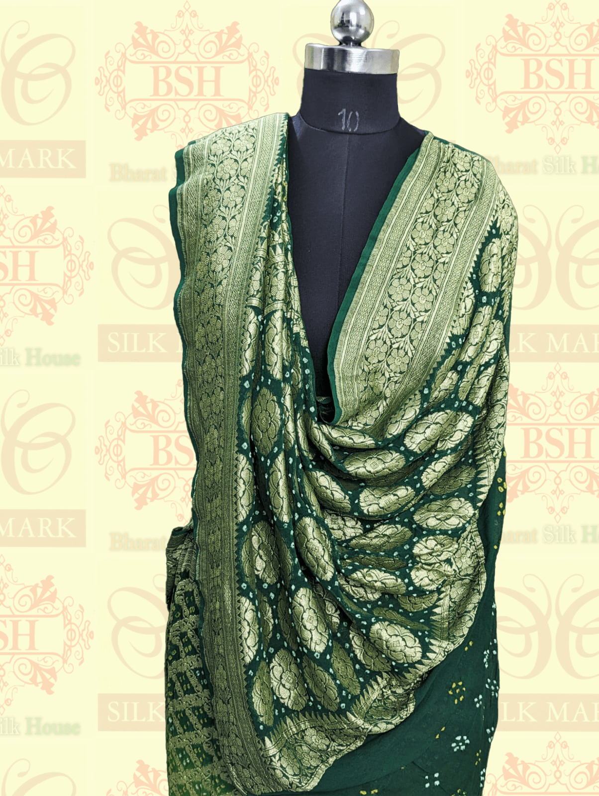 Pure Georgette Banarasi Bandhani Handloom Saree In Dual Shades Of Green - Bharat Silk House