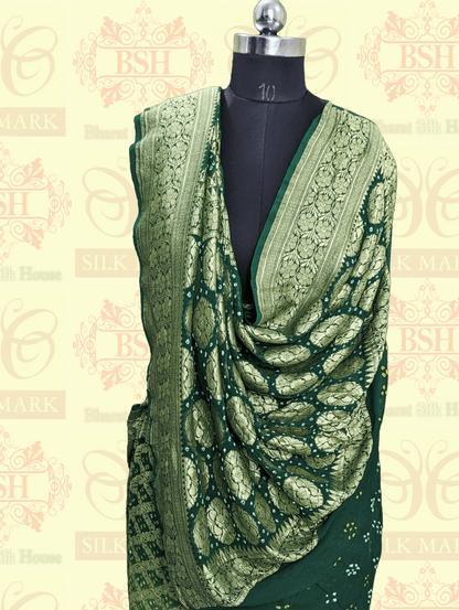 Pure Georgette Banarasi Bandhani Handloom Saree In Dual Shades Of Green - Bharat Silk House