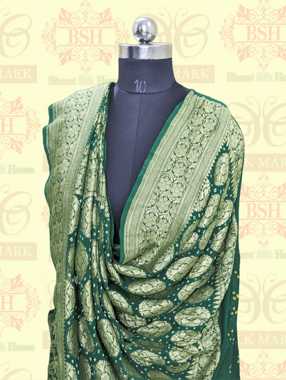 Pure Georgette Banarasi Bandhani Handloom Saree In Dual Shades Of Green - Bharat Silk House Bandhej