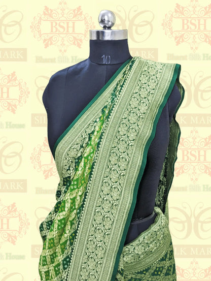 Pure Georgette Banarasi Bandhani Handloom Saree In Dual Shades Of Green - Bharat Silk House Bandhej
