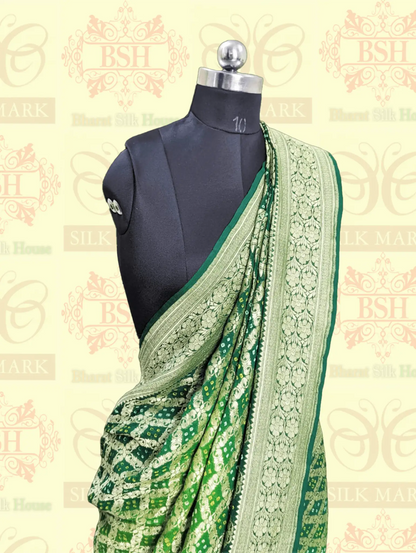 Pure Georgette Banarasi Bandhani Handloom Saree In Dual Shades Of Green - Bharat Silk House Bandhej