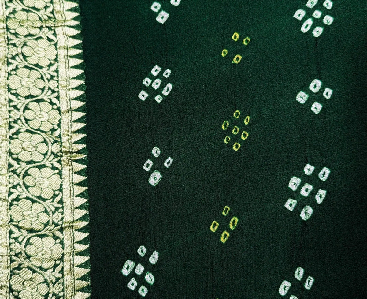 Pure Georgette Banarasi Bandhani Handloom Saree In Dual Shades Of Green - Bharat Silk House Bandhej