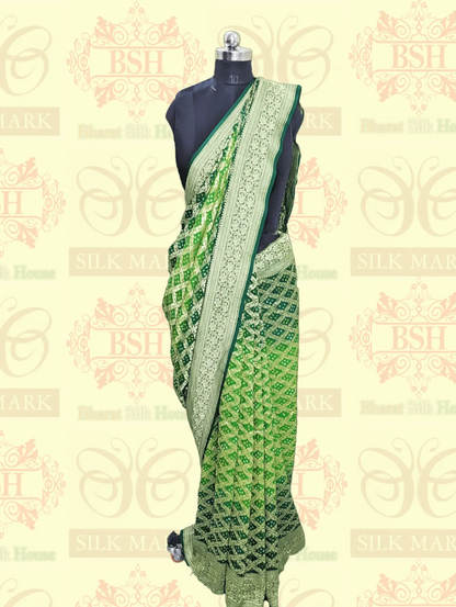Pure Georgette Banarasi Bandhani Handloom Saree In Dual Shades Of Green - Bharat Silk House Bandhej