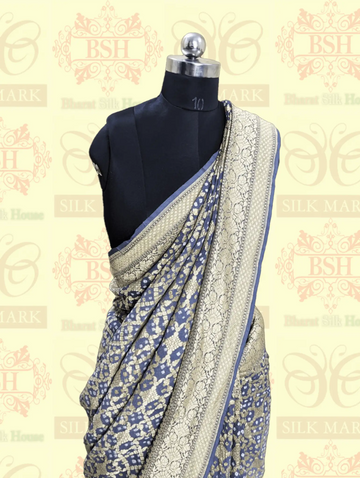 Pure Georgette Banarasi Bandhej Handloom Saree In Dual Shades Of Grey - Bharat Silk House Bandhej