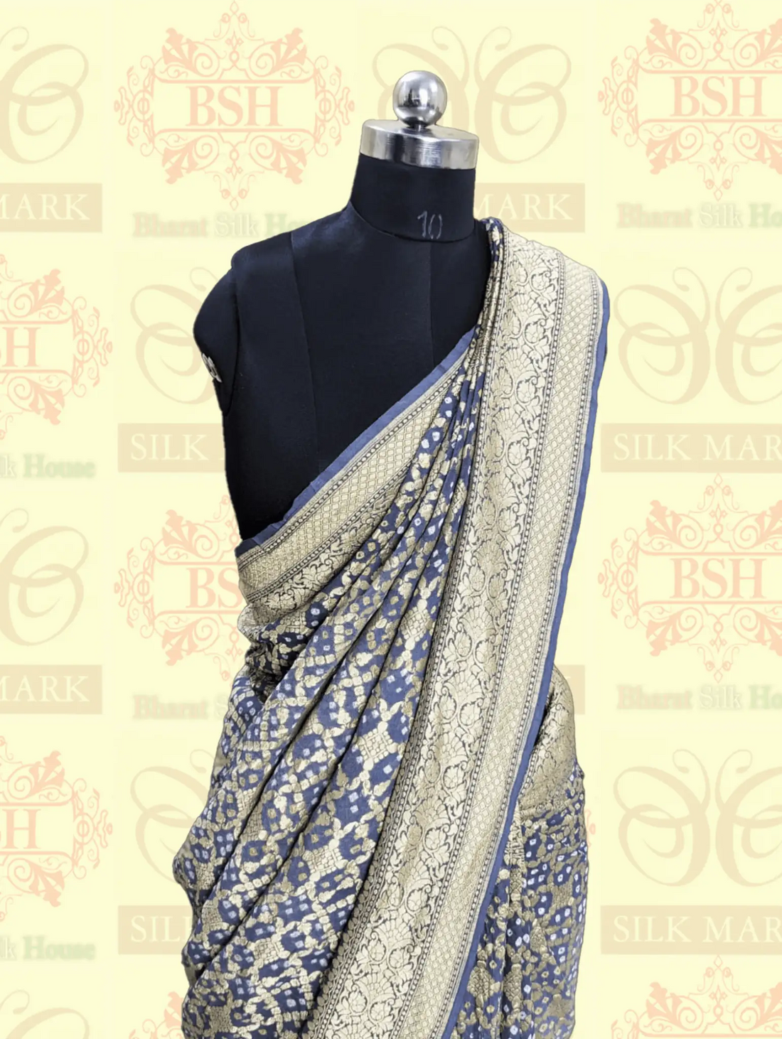 Pure Georgette Banarasi Bandhej Handloom Saree In Dual Shades Of Grey - Bharat Silk House Bandhej