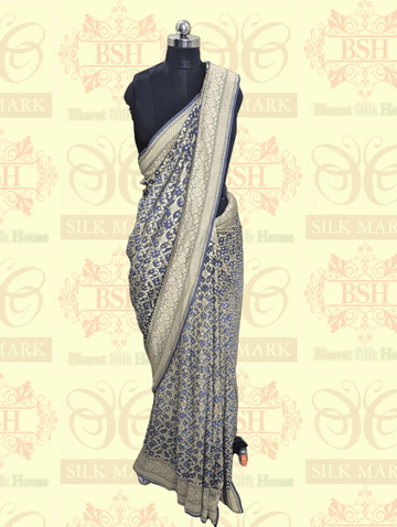 Pure Georgette Banarasi Bandhej Handloom Saree In Dual Shades Of Grey - Bharat Silk House Bandhej