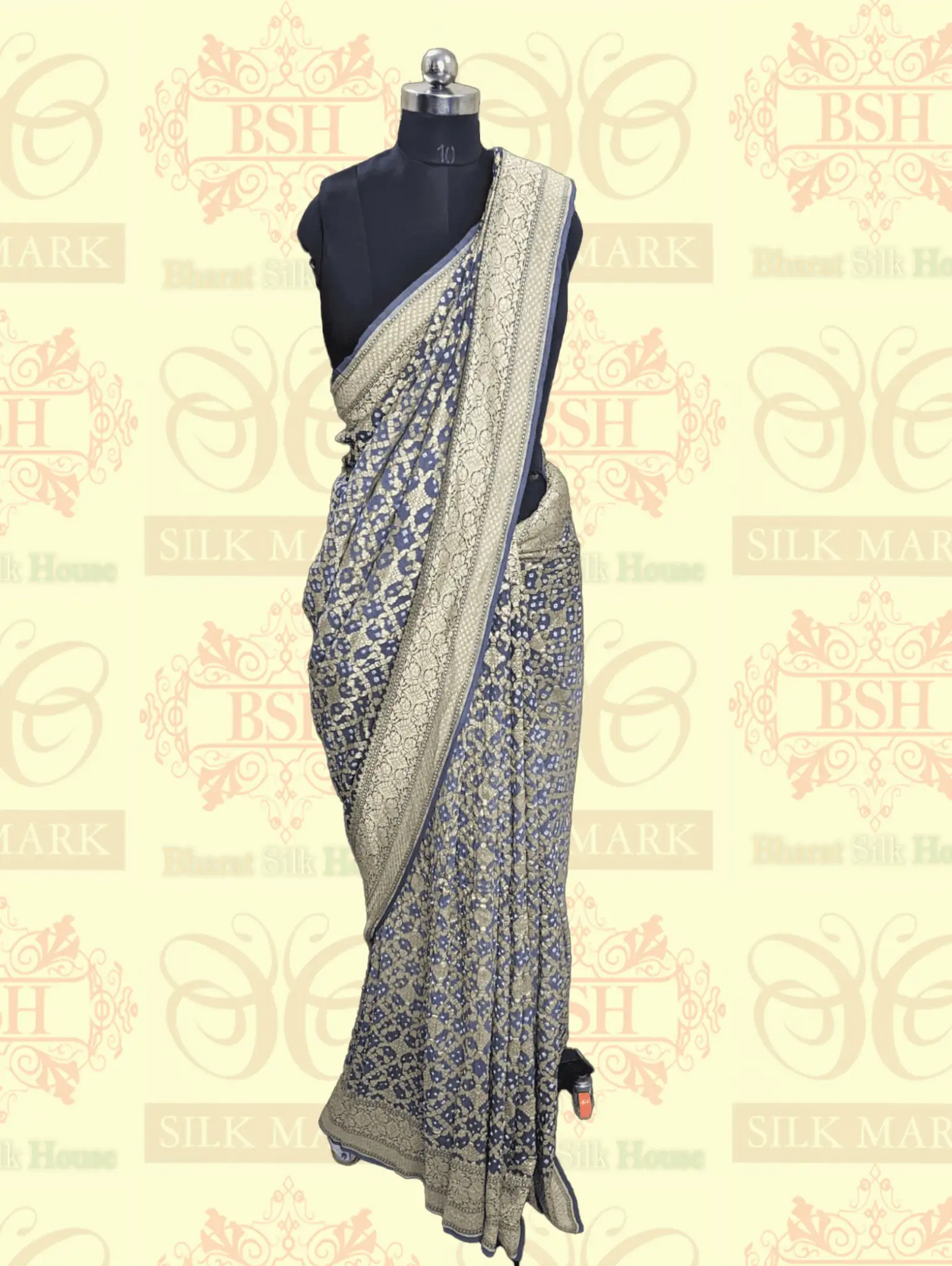 Pure Georgette Banarasi Bandhej Handloom Saree In Dual Shades Of Grey - Bharat Silk House Bandhej