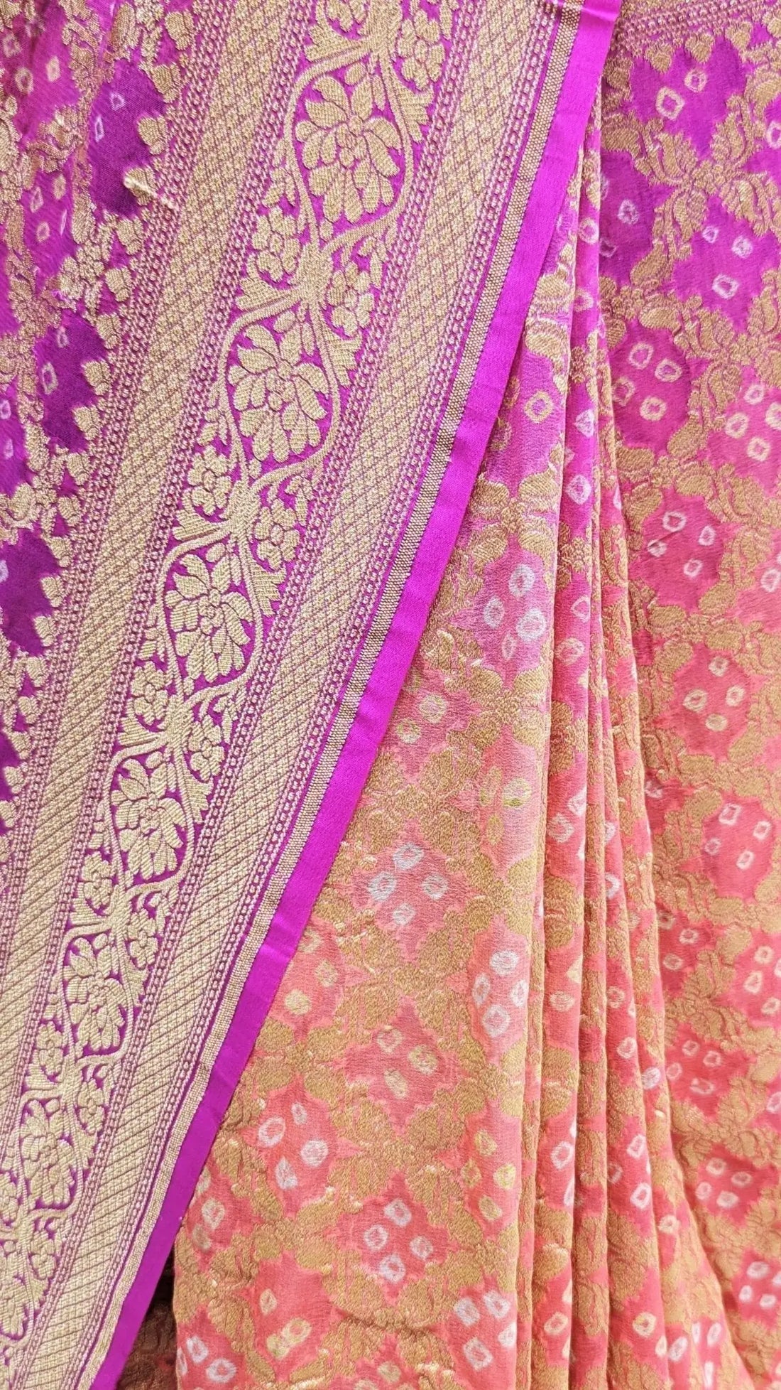 Pure Georgette Banarasi Bandhej Handloom Saree In Dual Shades Of Pink/Orange - Bharat Silk House Bandhej