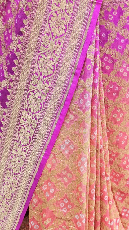 Pure Georgette Banarasi Bandhej Handloom Saree In Dual Shades Of Pink/Orange - Bharat Silk House Bandhej