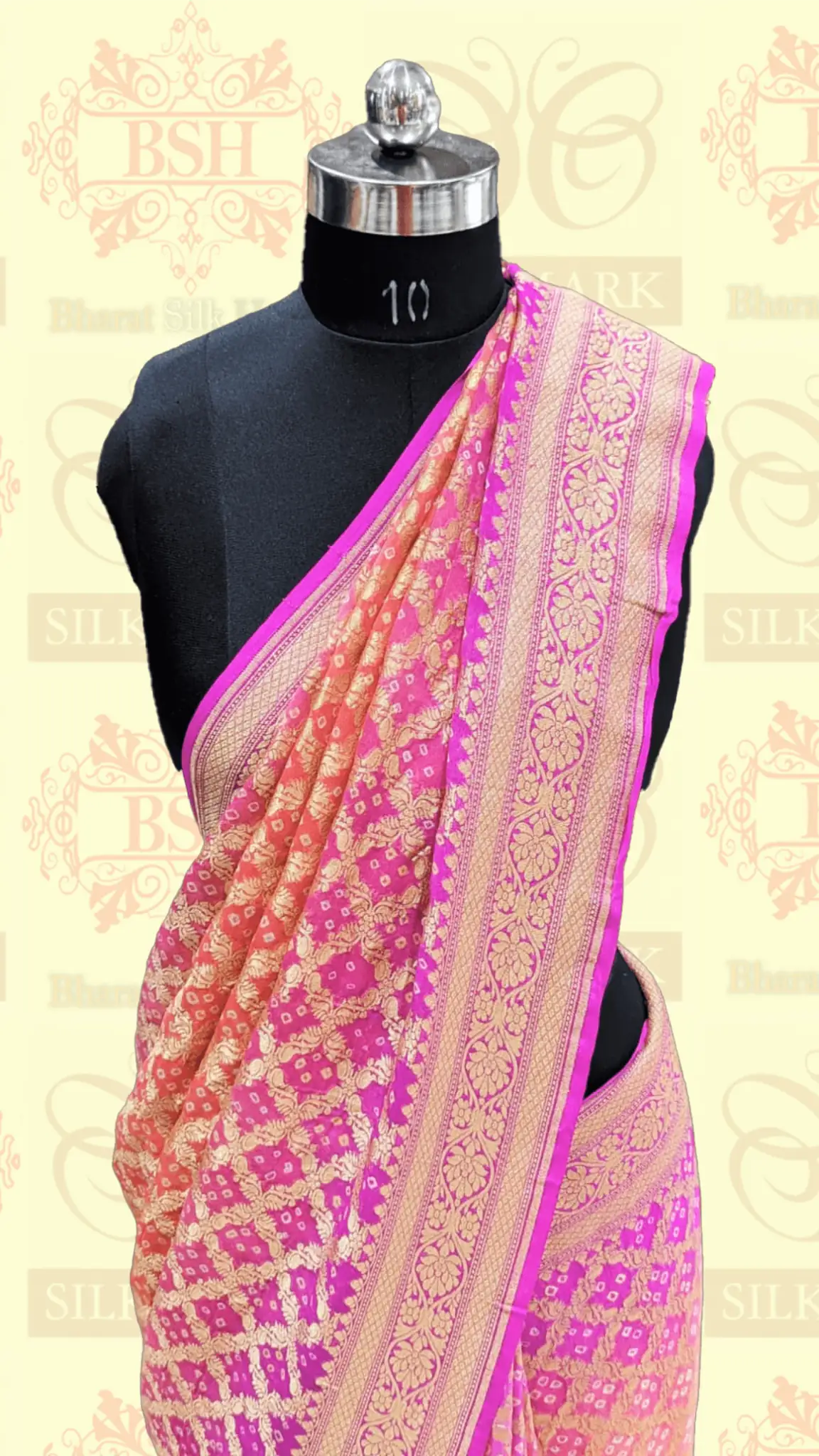 Pure Georgette Banarasi Bandhej Handloom Saree In Dual Shades Of Pink/Orange - Bharat Silk House Bandhej
