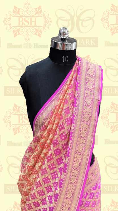 Pure Georgette Banarasi Bandhej Handloom Saree In Dual Shades Of Pink/Orange - Bharat Silk House Bandhej