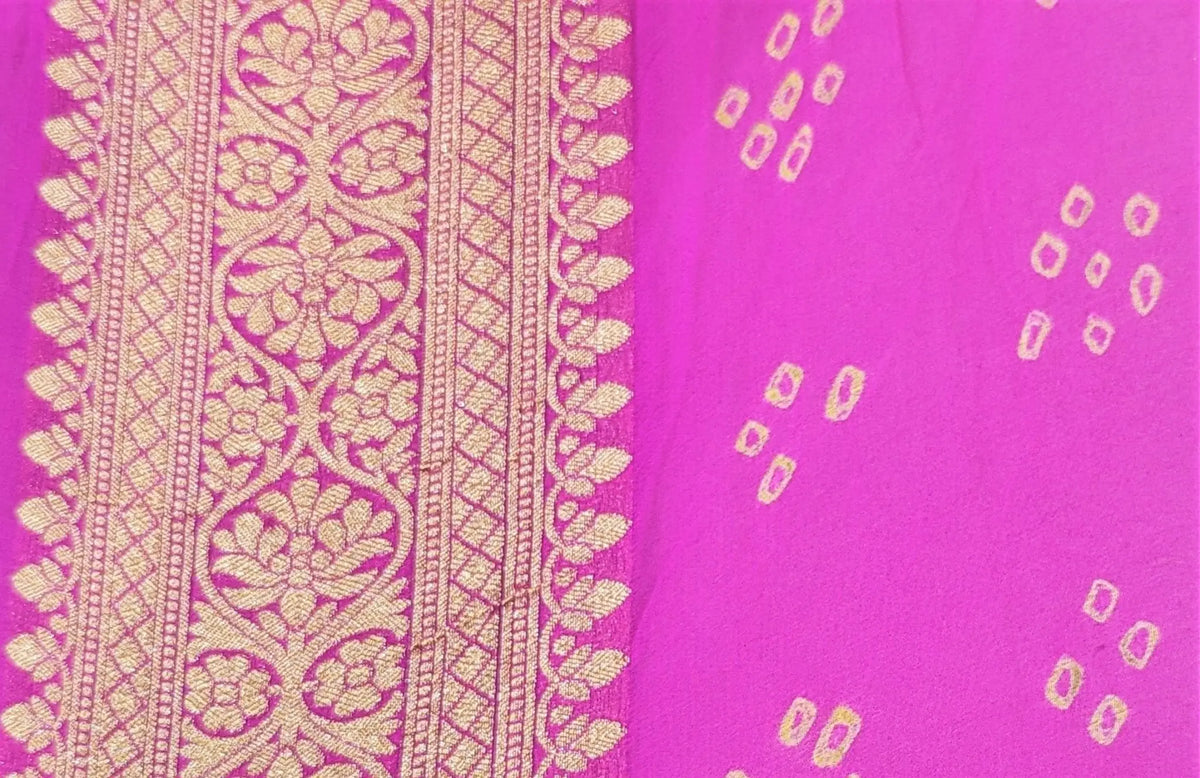 Pure Georgette Banarasi Bandhej Handloom Saree In Dual Shades Of Pink/Orange - Bharat Silk House Bandhej
