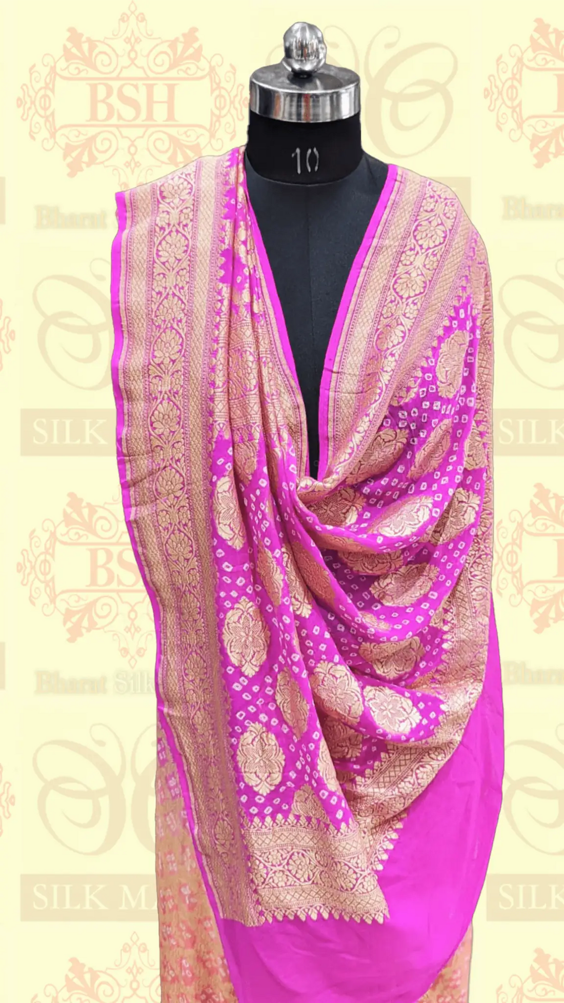 Pure Georgette Banarasi Bandhej Handloom Saree In Dual Shades Of Pink/Orange - Bharat Silk House Bandhej